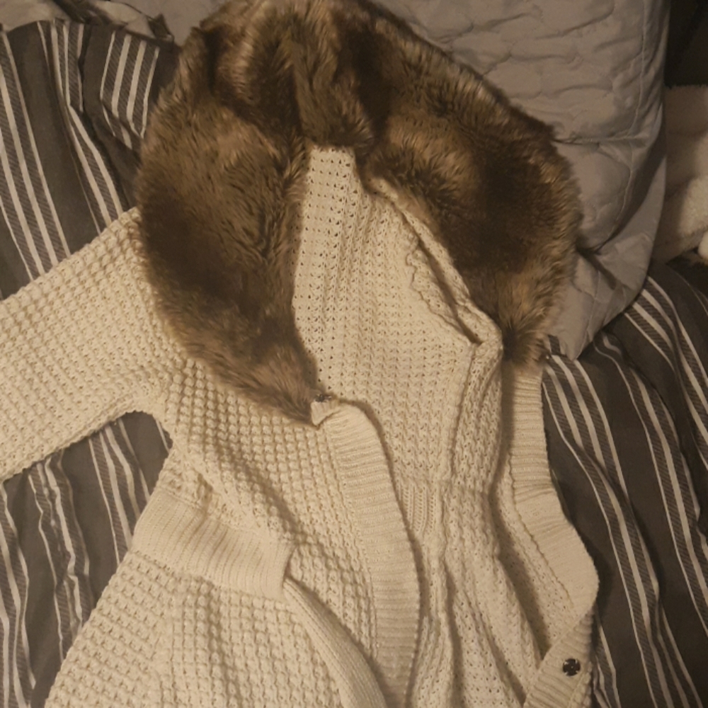 Off white knit and faux fur coat